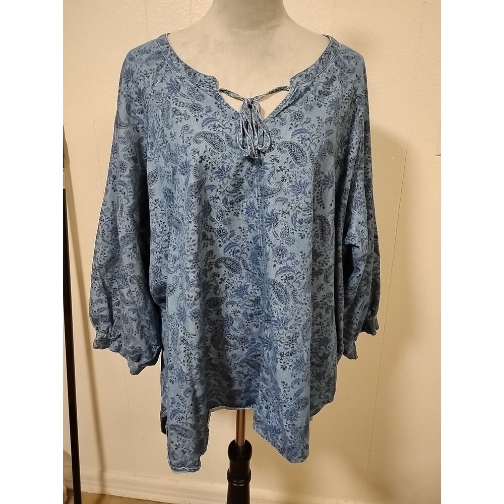 Cato 22/24w Blue Black Paisley Floral Tie Neck Short Sleeve boho